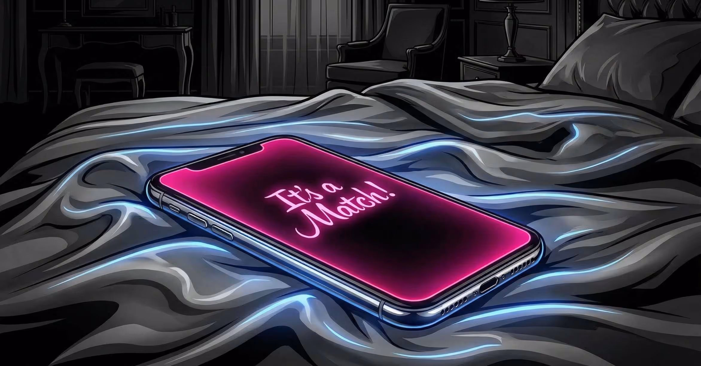 A stylish monochrome illustration of a smartphone on silk sheets displaying a glowing pink "Match" notification, symbolizing OnlyFans lead generation.