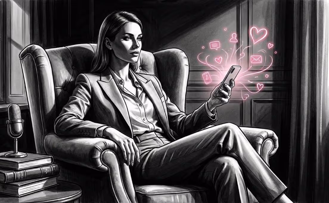 Sophisticated OnlyFans creator mentor sitting in a luxury velvet chair, illustrating professional brand