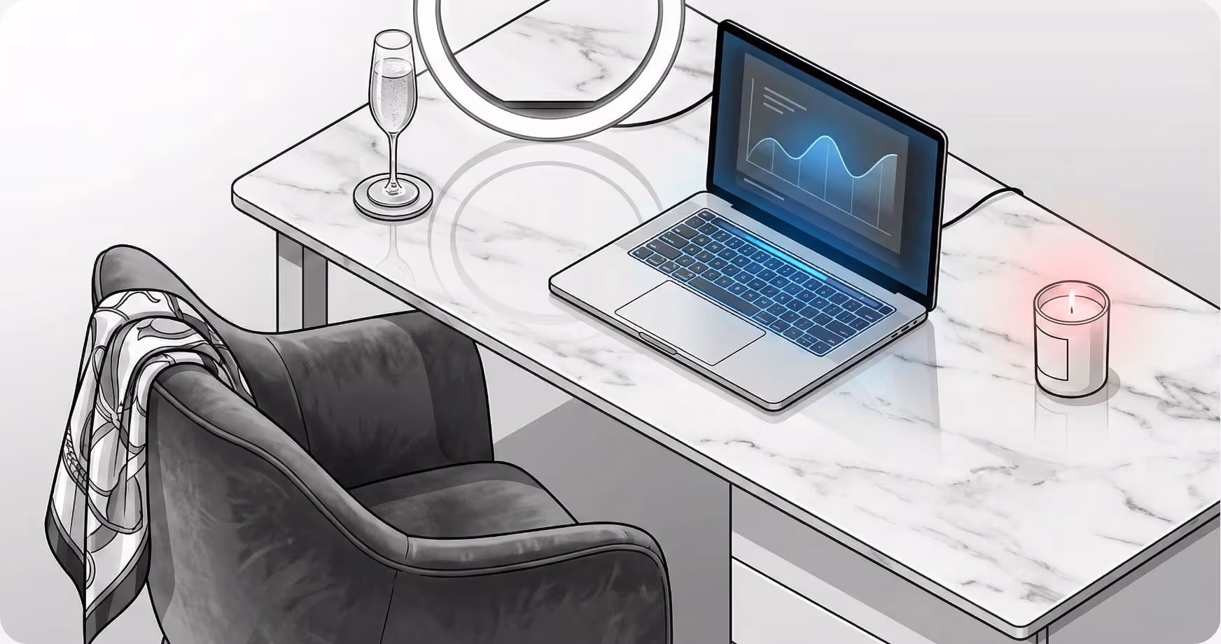 A conceptual monochrome illustration of a Queen chess piece leading a team of pawns, symbolizing strategic leadership in digital marketing.