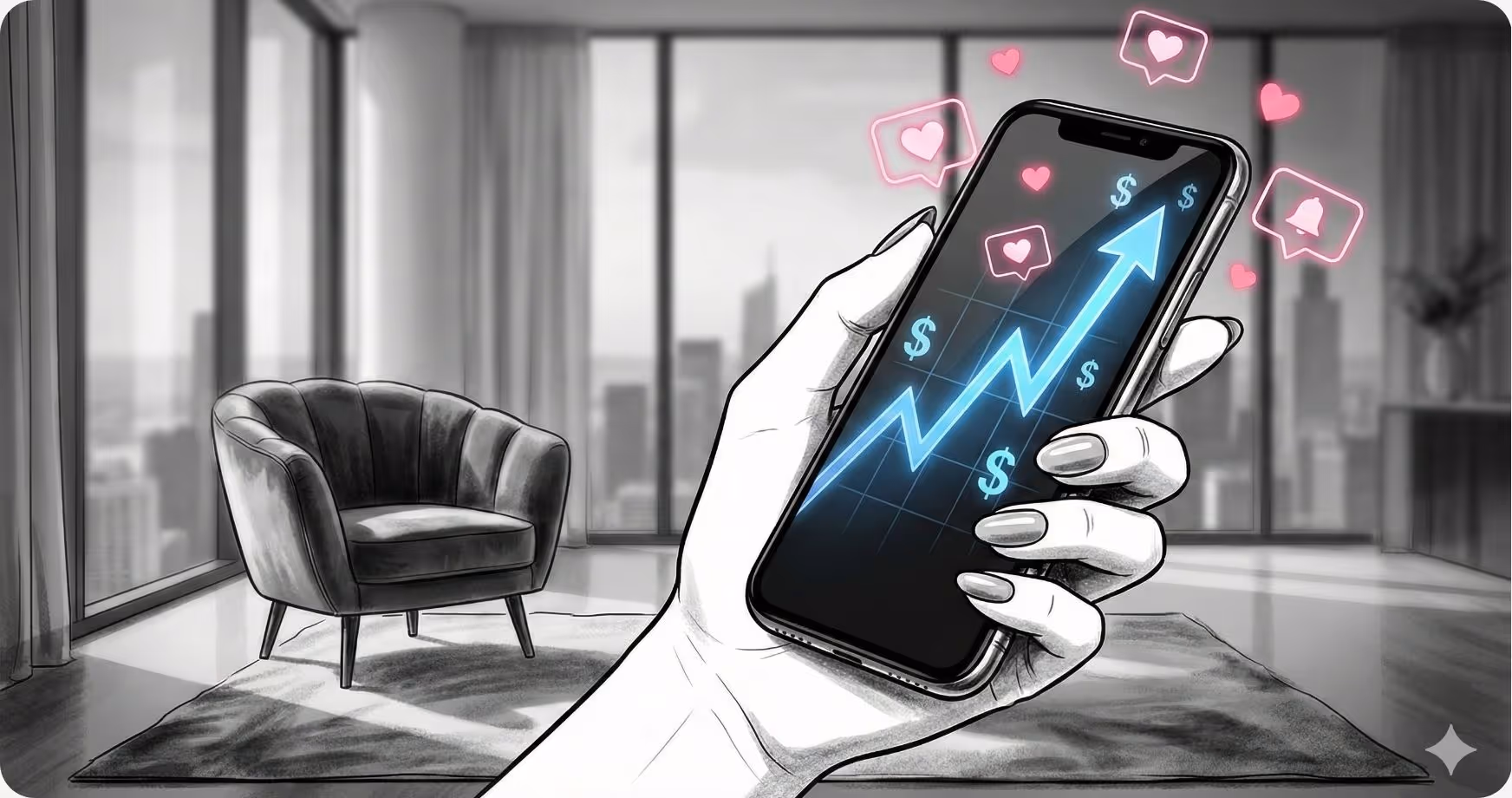 Editorial illustration of silver silk gloves and a fountain pen representing the art of professional OnlyFans copywriting.