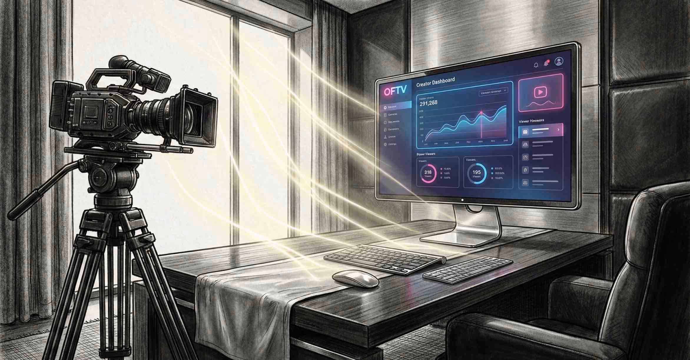 A high-end, monochrome illustration of a professional content creator's workspace, featuring a monitor with a glowing OnlyFans Blue and Pink OFTV dashboard and a cinema camera, symbolizing professional growth.