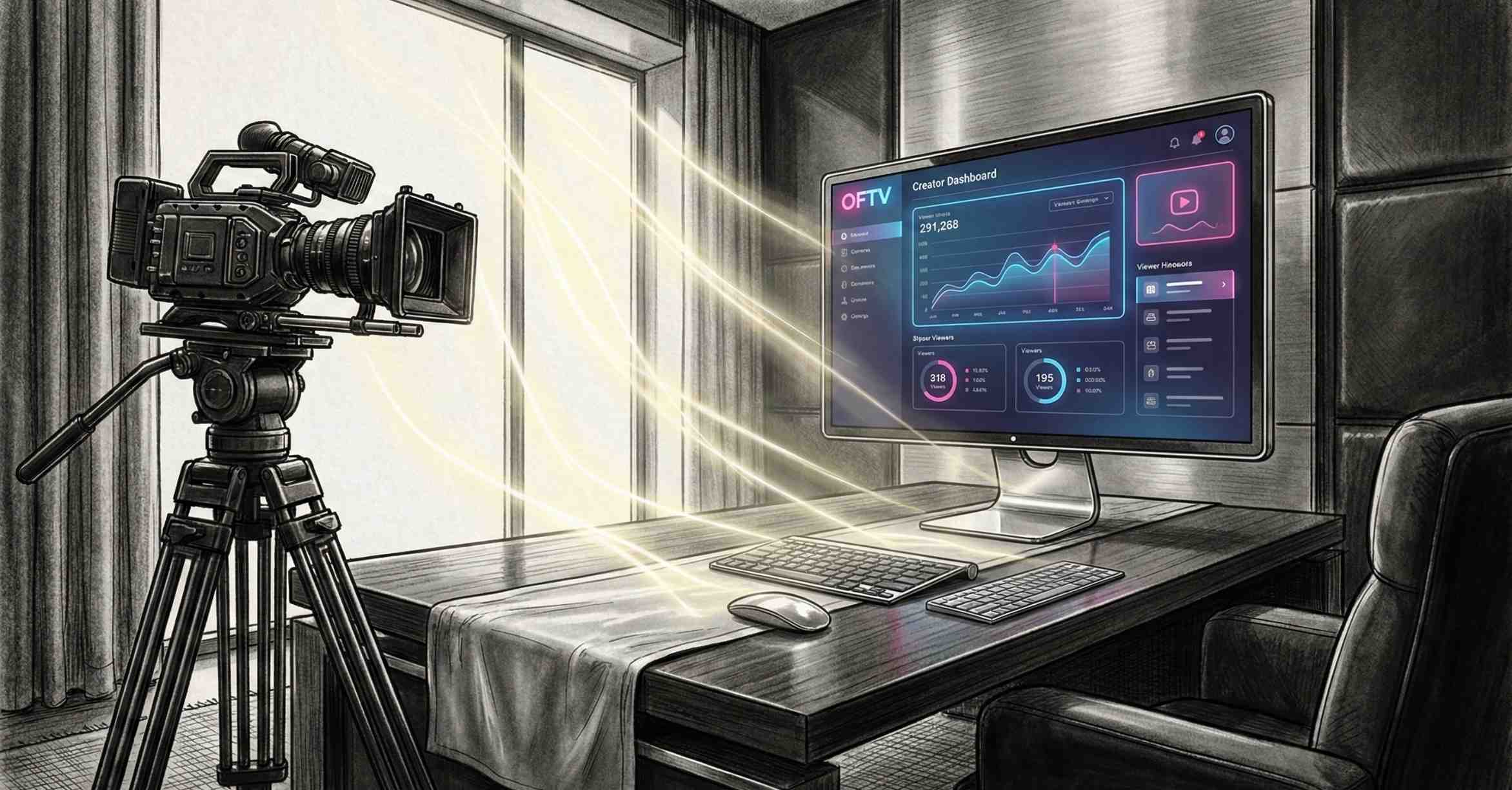 A high-end, monochrome illustration of a professional content creator's workspace, featuring a monitor with a glowing OnlyFans Blue and Pink OFTV dashboard and a cinema camera, symbolizing professional growth.