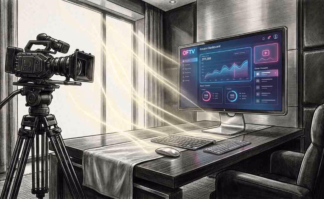 A high-end, monochrome illustration of a professional content creator's workspace, featuring a monitor with a glowing OnlyFans Blue and Pink OFTV dashboard and a cinema camera, symbolizing professional growth.