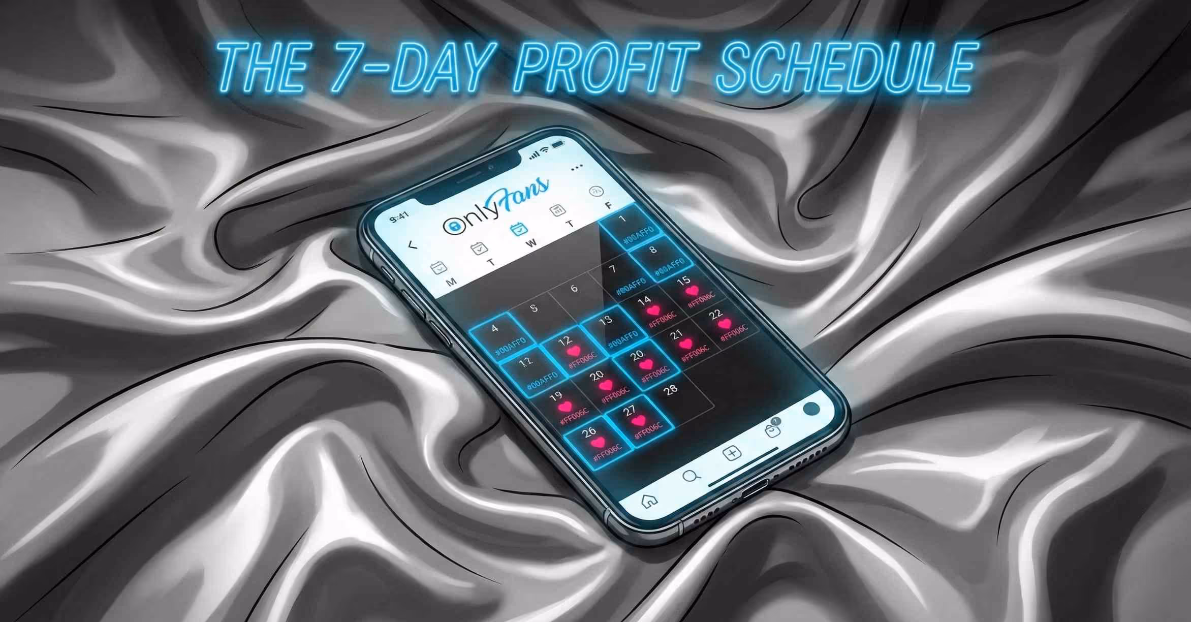 Stylish monochrome illustration of a smartphone displaying an OnlyFans scheduling interface on luxurious silk bedding, with glowing blue accents highlighting a 7-day content plan.