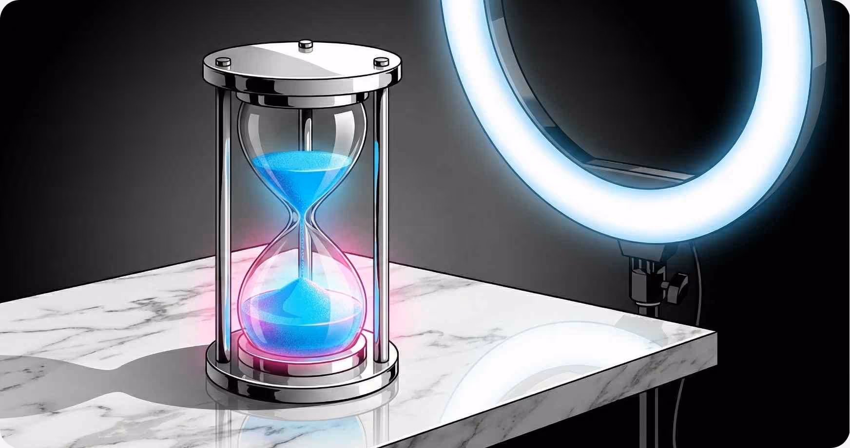 High-contrast monochrome illustration of a professional ring light and a luxury hourglass with glowing blue sand, symbolizing time management for content creators.