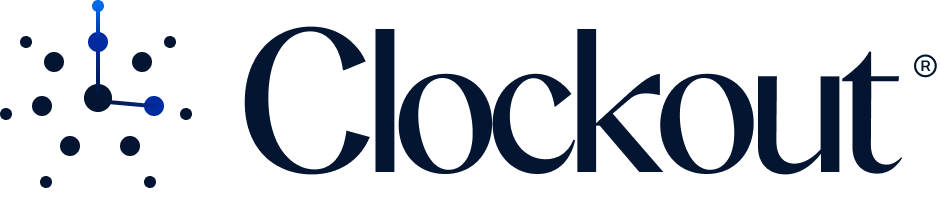 Clockout company logo with stylized clock icon showing 3 o'clock.
