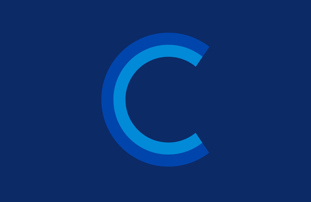 Stylized letter C composed of two curved blue lines on a dark blue background.