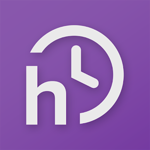 White lowercase letter 'h' next to a clock icon on a purple background.