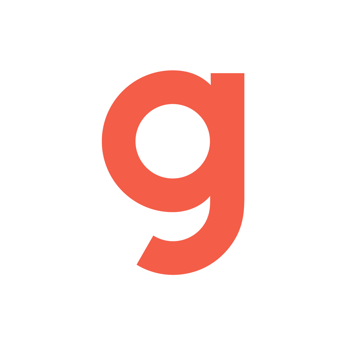 Lowercase letter g in bold red font on a white background.