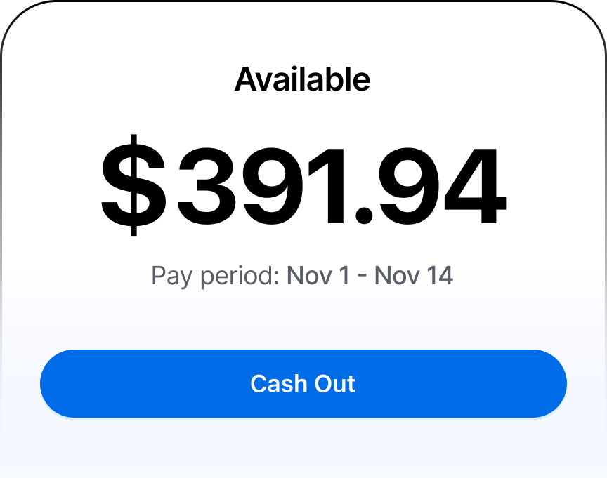 Available balance $391.94 for pay period Nov 1 to Nov 14 with a blue Cash Out button.
