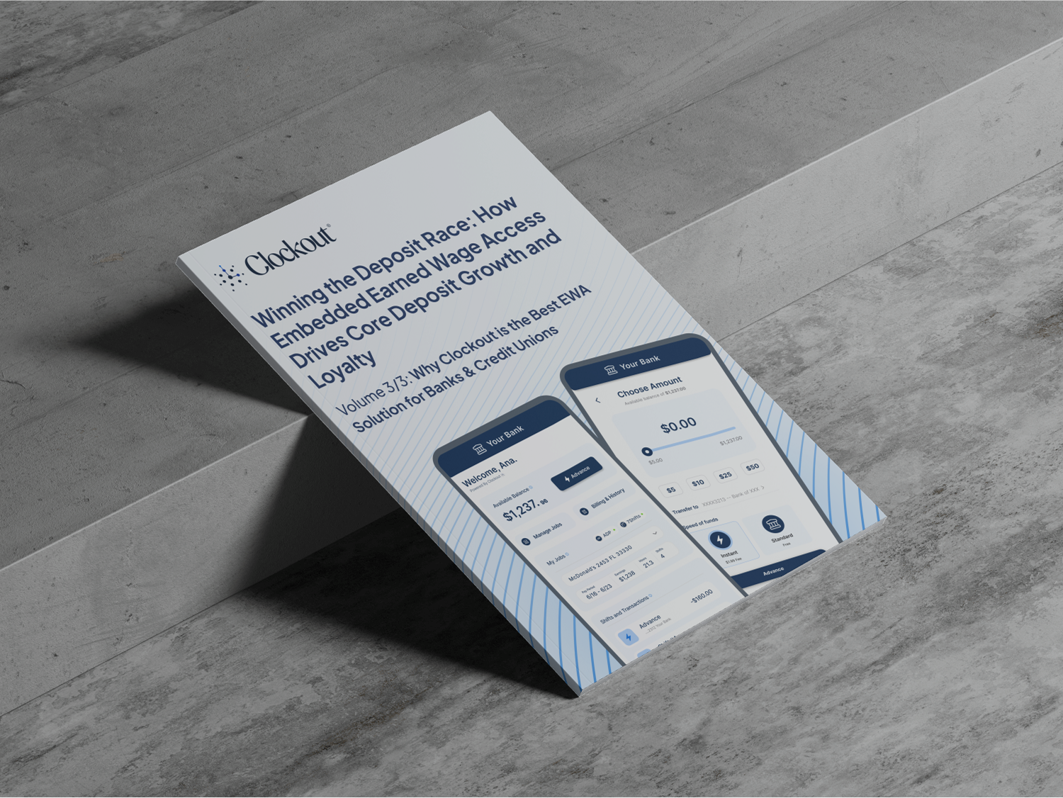 Report titled 'Winning the Deposit Race: How Embedded Earned Wage Access Drives Core Deposit Growth and Loyalty' with mockups of a banking app showing account balance and withdrawal options.