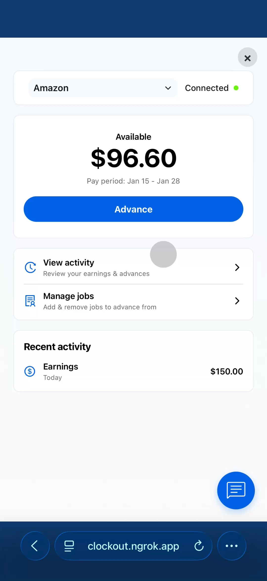 App screen showing Amazon connected with $96.60 available for pay period Jan 15 to Jan 28 and a blue Advance button, plus options to view activity and manage jobs, and recent earnings of $150.