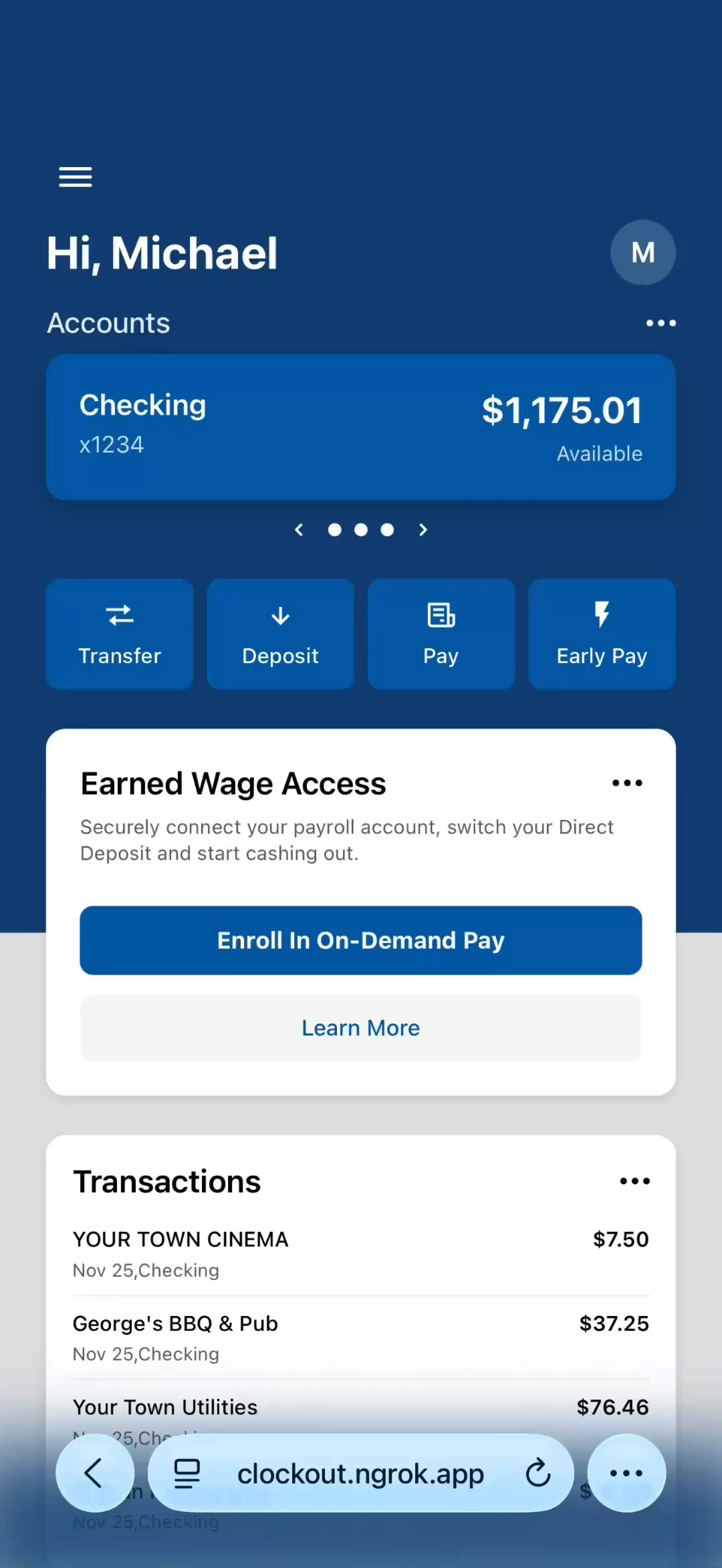 Mobile banking app screen showing account balance $1,175.01 in checking account, options for Transfer, Deposit, Pay, Early Pay, earned wage access enrollment, and recent transactions.