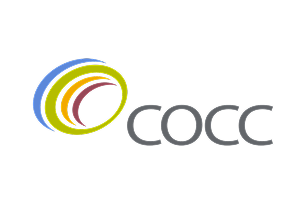COCC logo with multicolored circular design in blue, yellow, red, and pink on a black background.