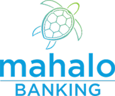Logo featuring an outline of a sea turtle above the text 'mahalo BANKING' with 'mahalo' in lowercase and 'BANKING' in uppercase separated by a blue line.