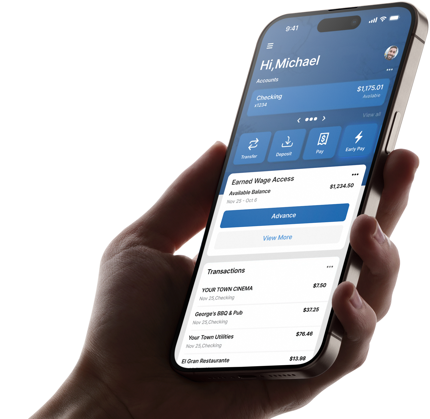 Hand holding a smartphone displaying a banking app with account balance, earned wage access, and recent transactions.