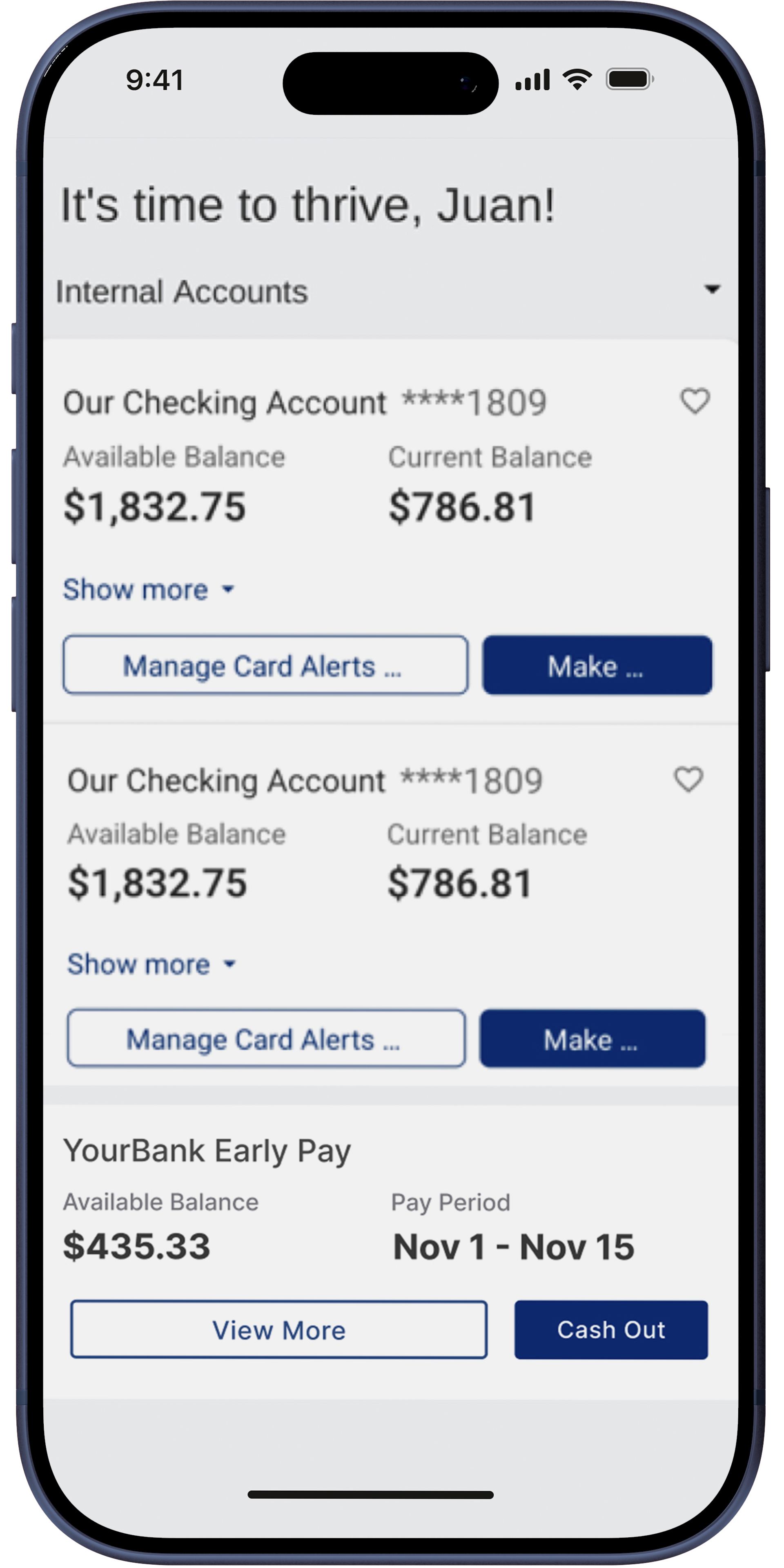 Mobile banking app screen showing two checking accounts each with $1,832.75 available balance and $786.81 current balance, and a YourBank Early Pay with $435.33 available for Nov 1 to Nov 15 pay period.