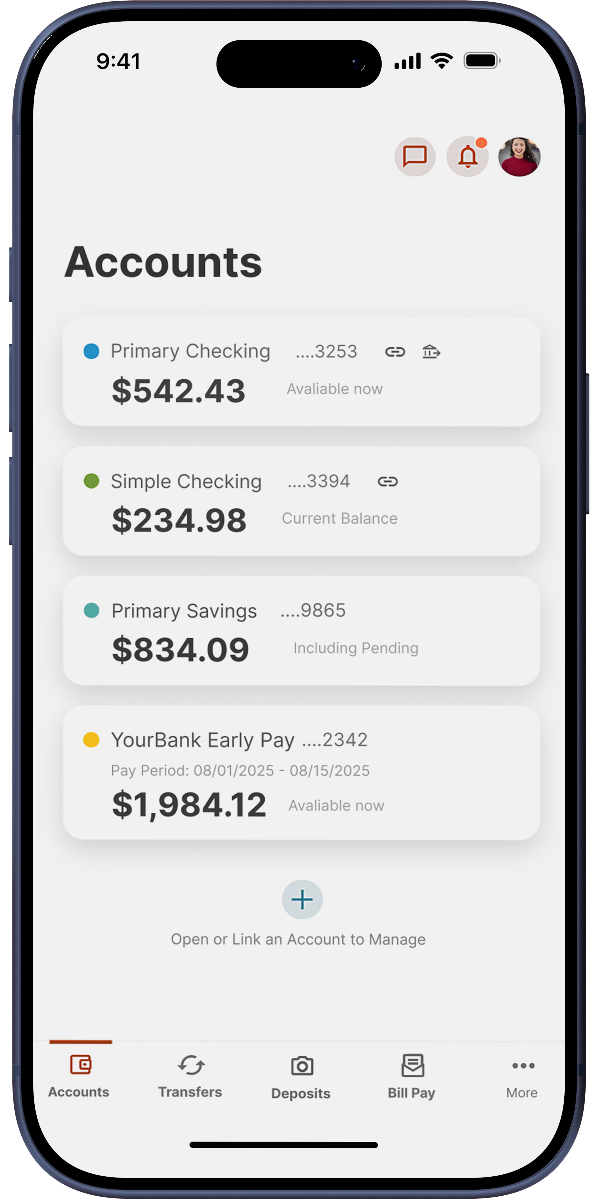 Mobile banking app showing account balances for Primary Checking $542.43, Simple Checking $234.98, Primary Savings $834.09, and YourBank Early Pay $1,984.12 with navigation menu below.