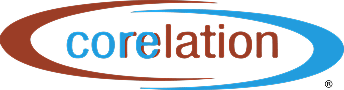 Logo of the word 'corelation' with 'core' in blue and 'lation' in brown, surrounded by an elliptical swirl half brown on the left and half blue on the right.