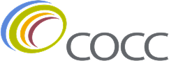 COCC logo with colorful overlapping curved shapes to the left of the letters COCC.