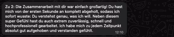 Chat Screenshot: Die Kundin ist sehr glücklich mit der professionellen Zusammenarbeit