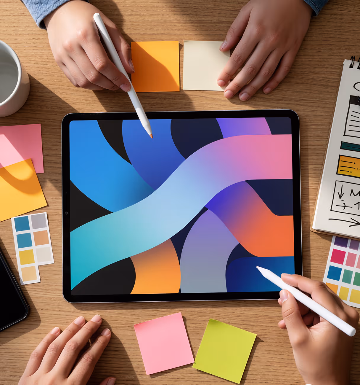 Deux personnes utilisent des stylets sur une tablette avec des post-its et un carnet sur une table en bois.