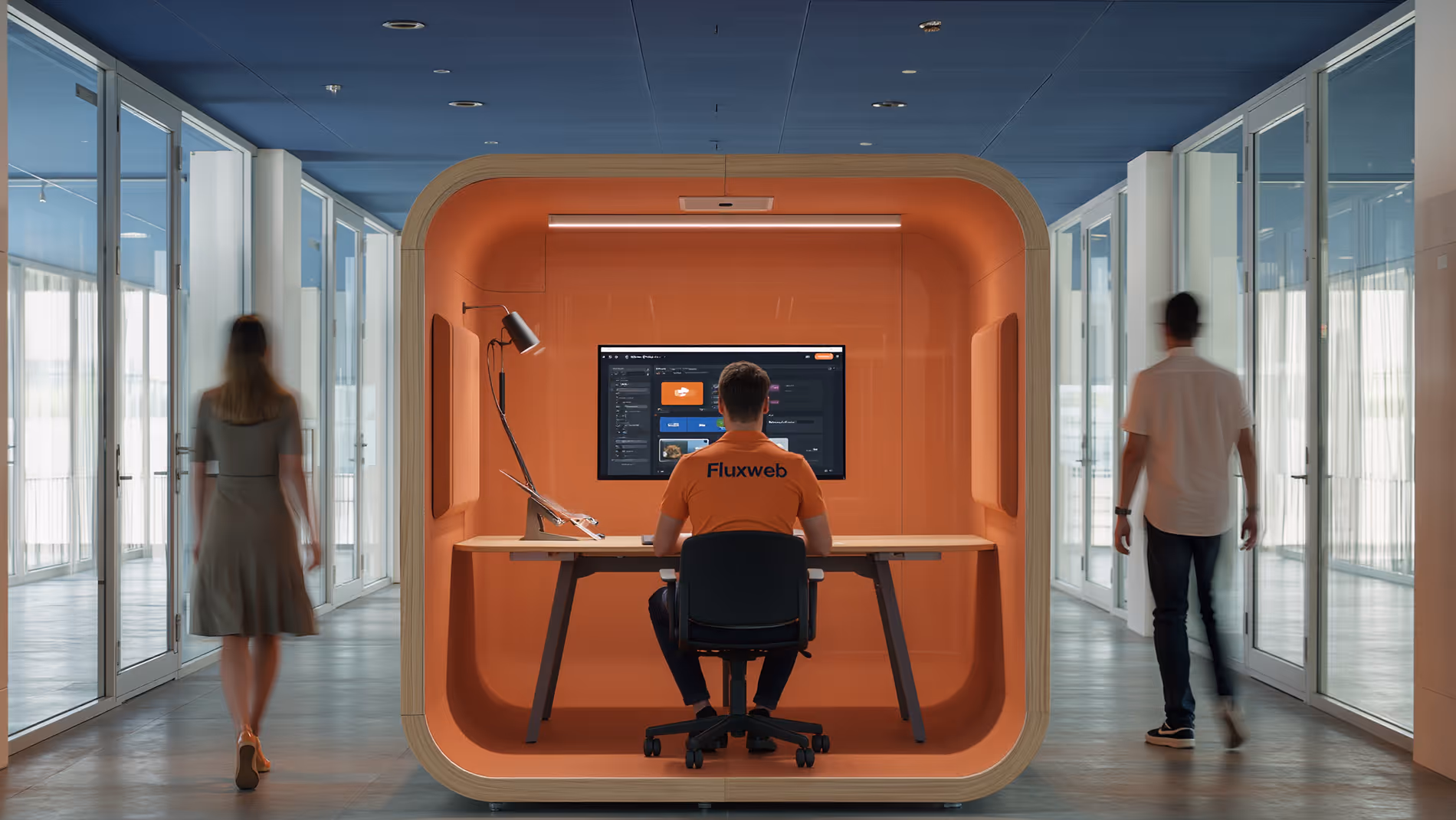 Un homme assis dans un bureau orange en forme de cube travaille devant un écran dans un couloir moderne.