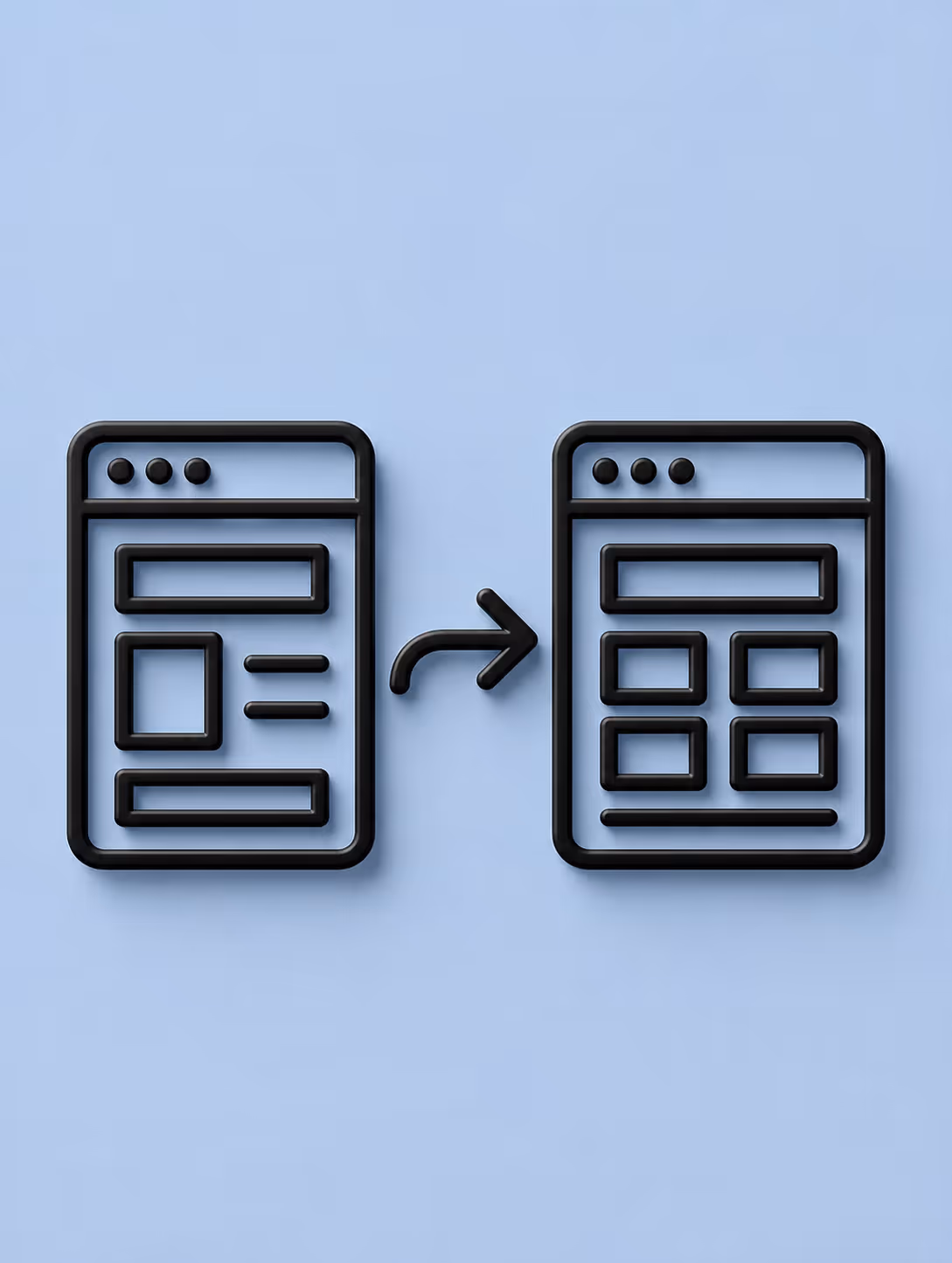 Icônes de pages web stylisées montrant une transformation de mise en page avec une flèche entre elles.