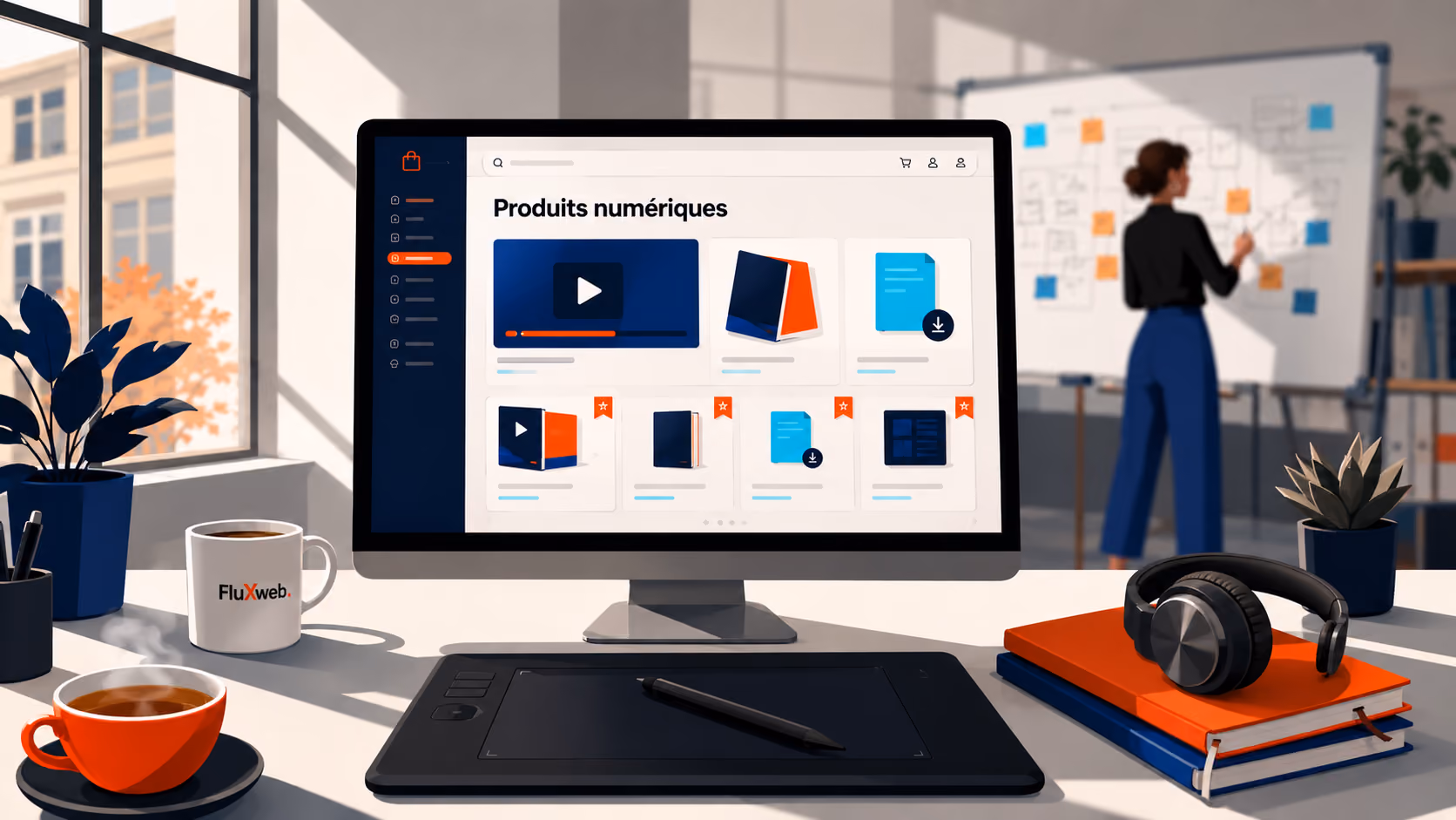 Bureau moderne montrant un écran Shopify listant des produits numériques pendant qu’une entrepreneure planifie sa boutique rentable sur tableau blanc