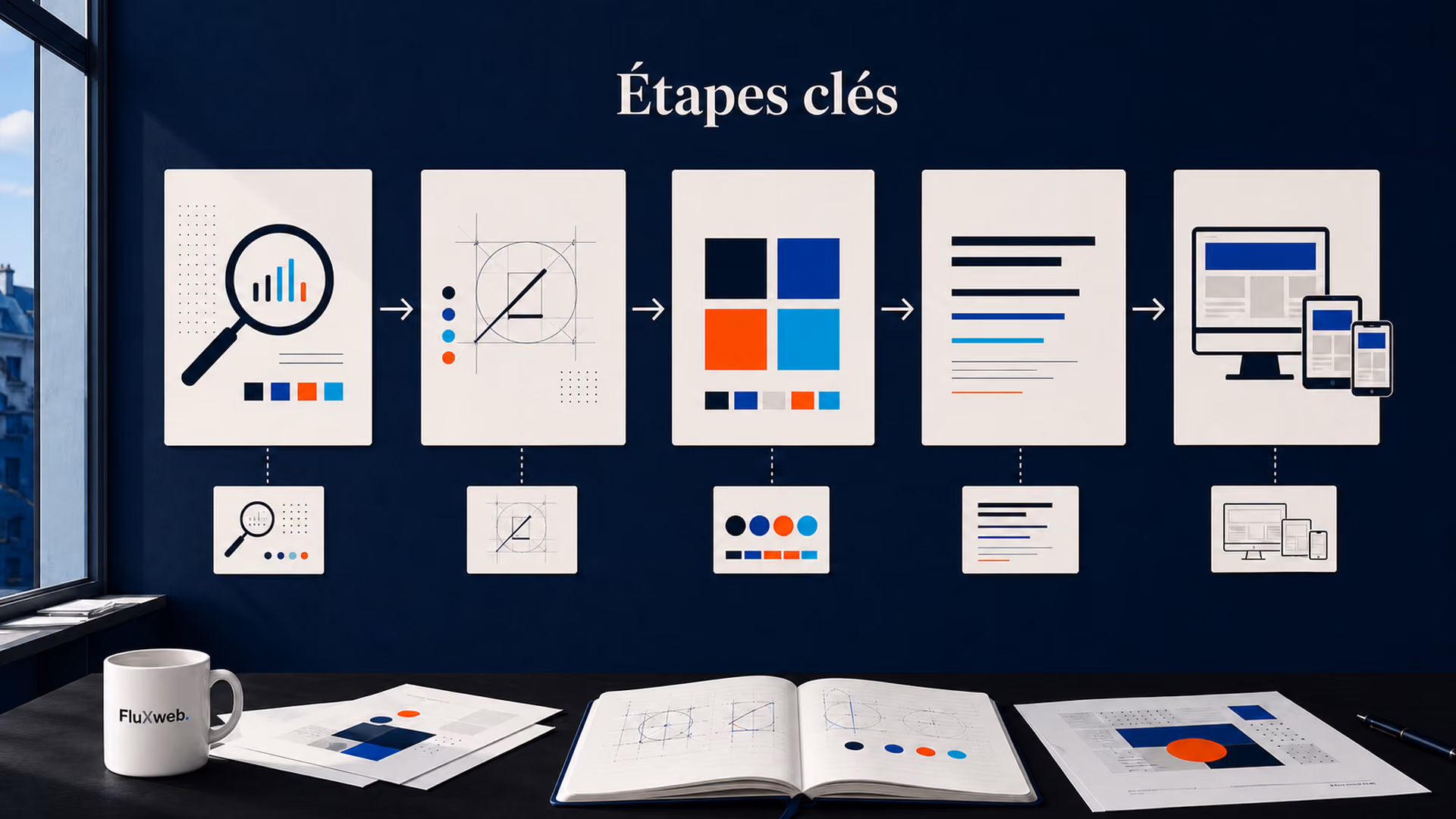 Schéma en plusieurs étapes illustrant la création d’une charte graphique, des recherches initiales jusqu’à l’application sur écrans.
