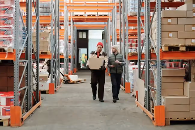 Two warehouse workers, one carrying a cardboard box and the other holding a clipboard, walking down an aisle between shelves
