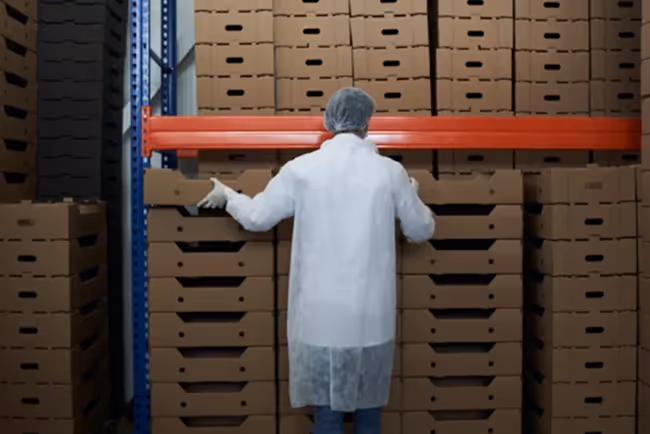 Person organizing stacked cardboard boxes in a warehouse