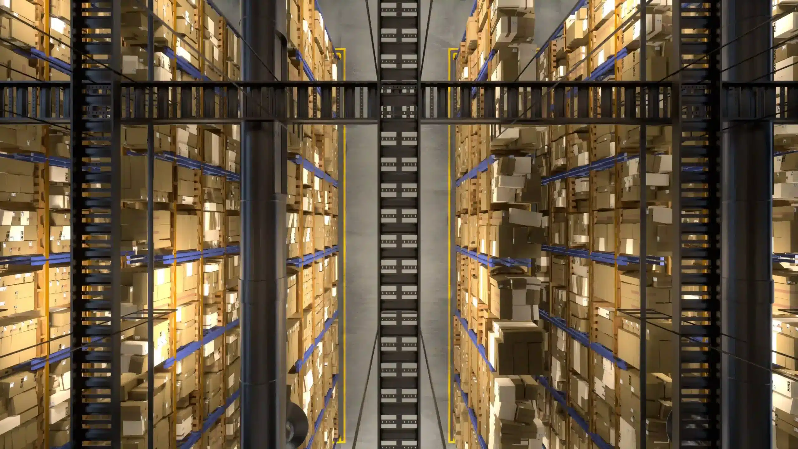 High-angle view of tall warehouse shelves stacked densely with cardboard boxes on both sides of an aisle.