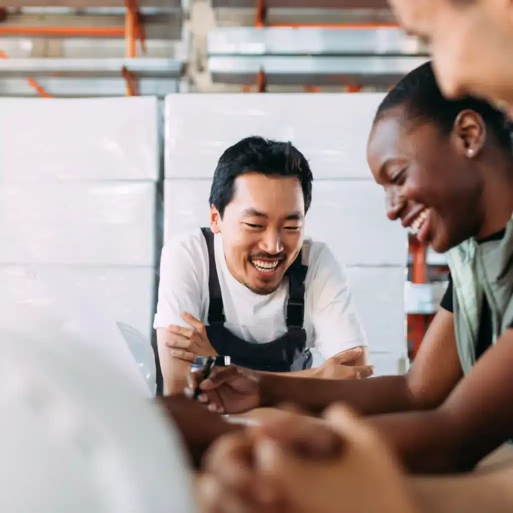 Three coworkers smiling and discussing together in a warehouse with stacked boxes in the background