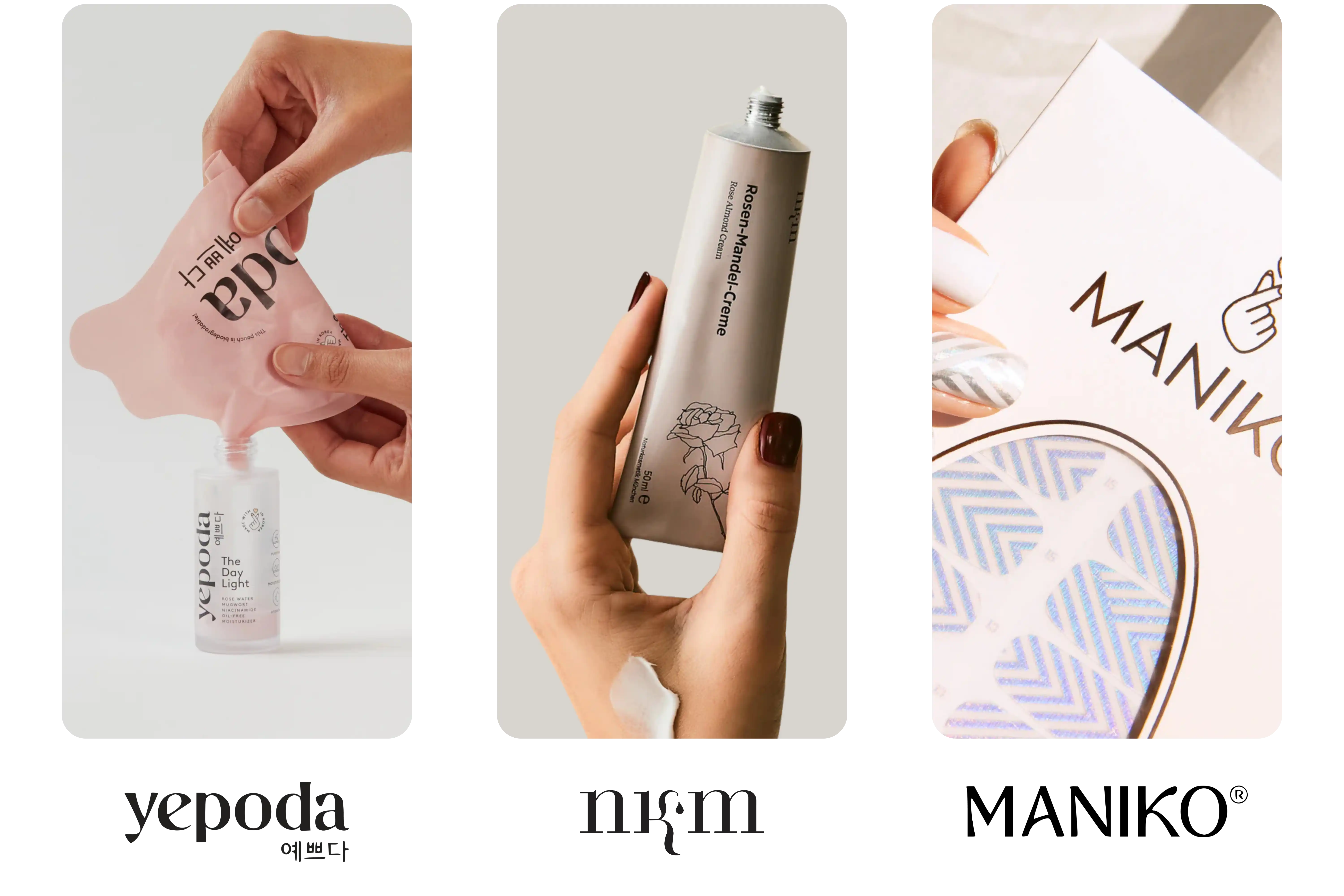 Collage showcasing Yepoda skincare serum bottle, Vivere bright pink skincare products, and a man grooming his beard with a brush representing Brooklyn Soap Company.