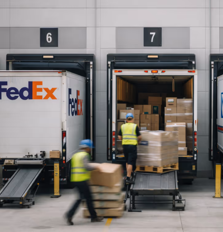 FedEx delivery trucks loading and unloading packages at warehouse docks number 6 and 7 with workers wearing yellow safety vests and blue helmets moving pallets of boxes