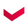 Red downward-pointing chevron shape on white background.