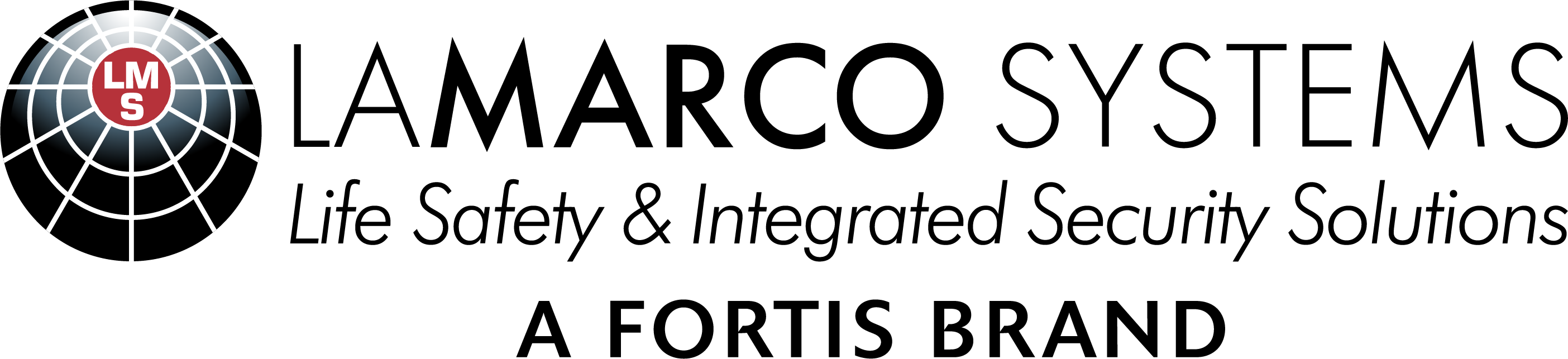 La Marco Systems logo with white grid-like globe and red circle bearing LMS initials.