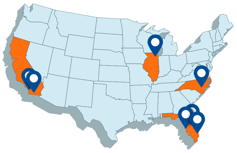 Map of the US highlighting California, Illinois, North Carolina, and Florida with blue location pins.