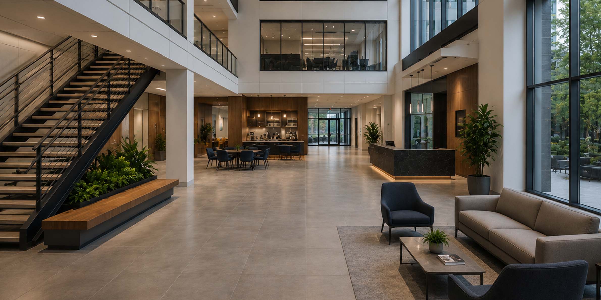 Spacious modern office lobby with seating area, staircase, reception desk, and large windows with outdoor view.