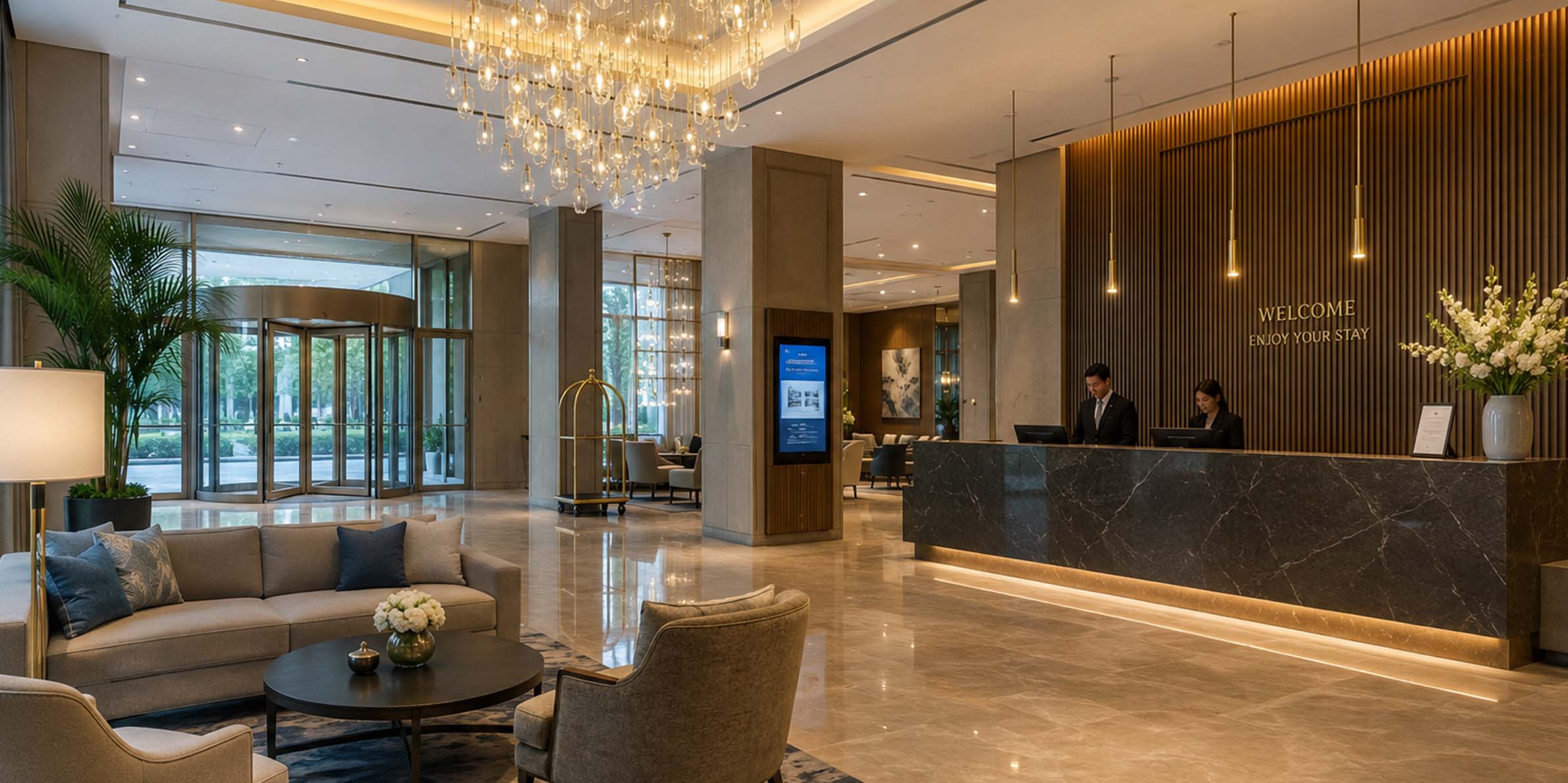 Modern hotel lobby with reception desk, chandelier, seating area, plants, and large glass entrance doors.