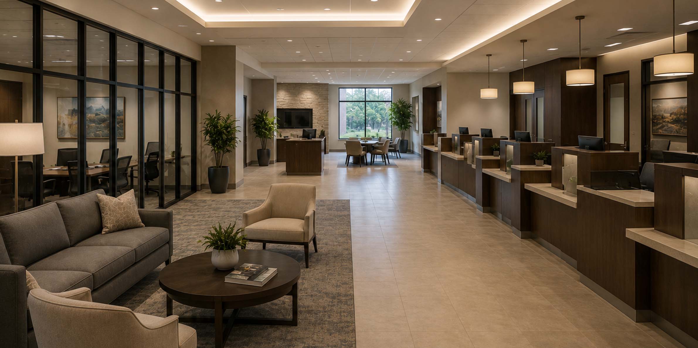 Modern office lobby with seating area, multiple desks, plants, and a large window at the back.