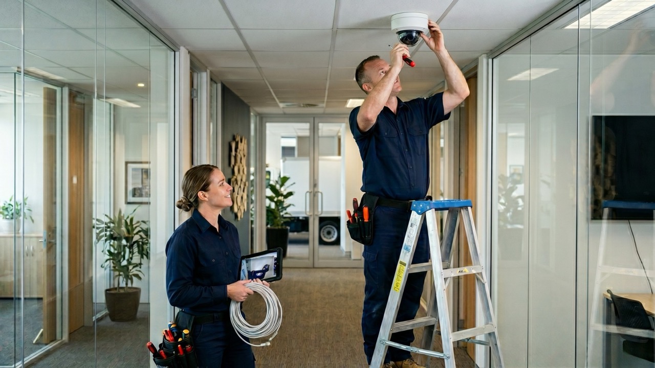 Technician on ladder installing security camera while another holds cable and tablet in office hallway.