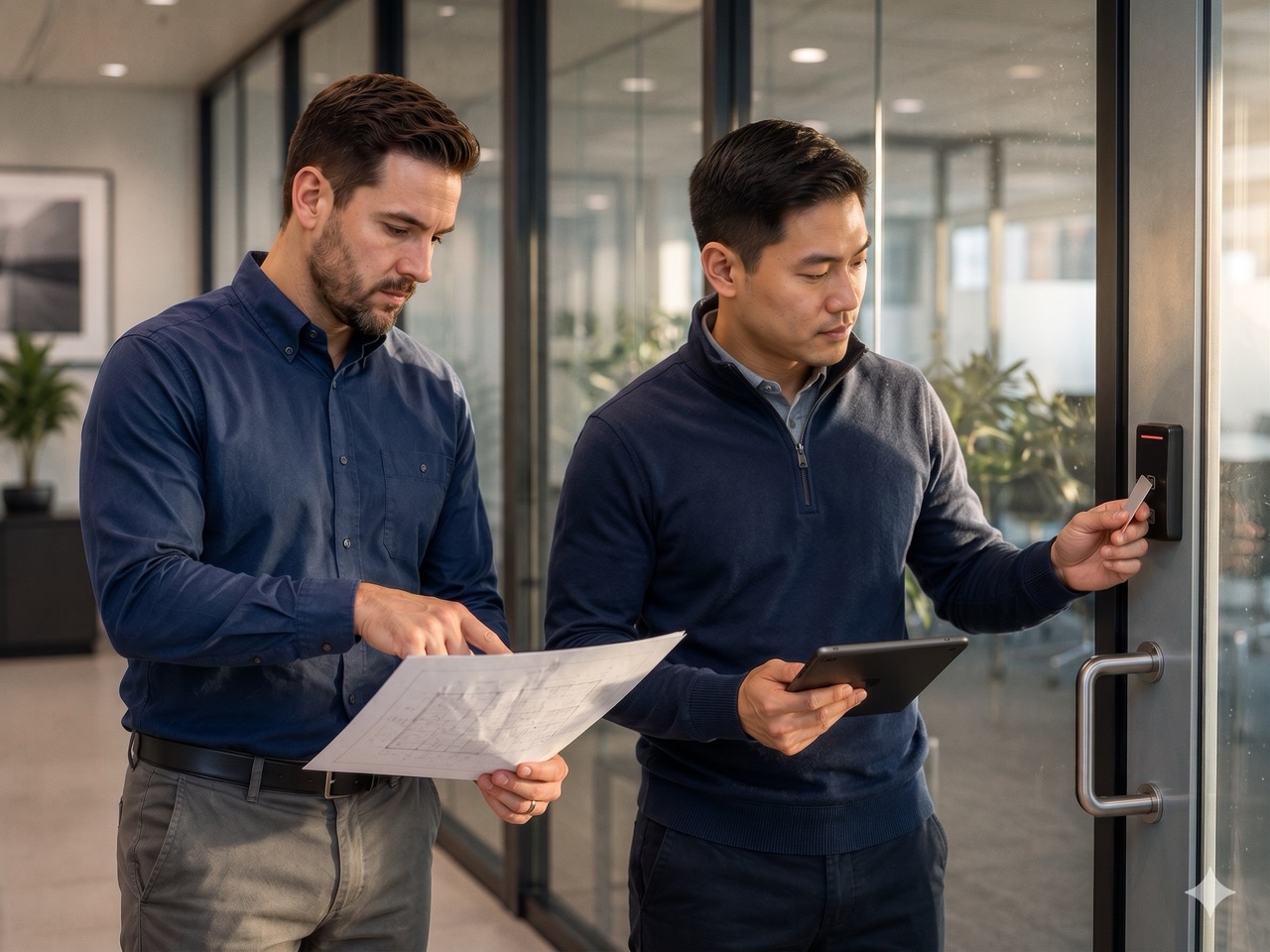 Two men in an office; one holds building plans, the other uses a security keycard at a door reader.