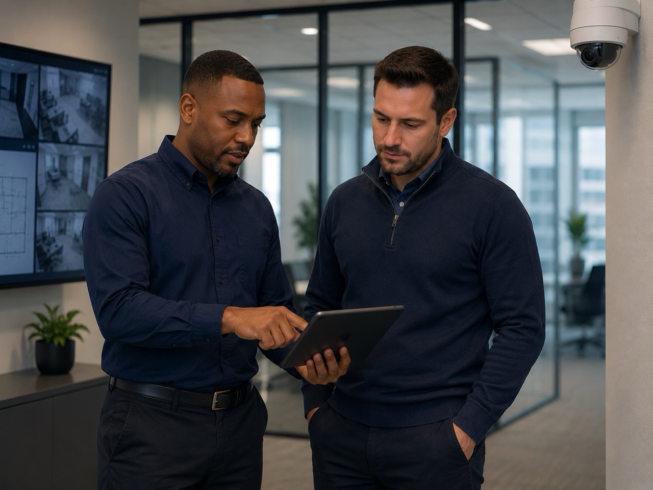 Two men in dark shirts review data on a tablet in a modern office with security cameras.