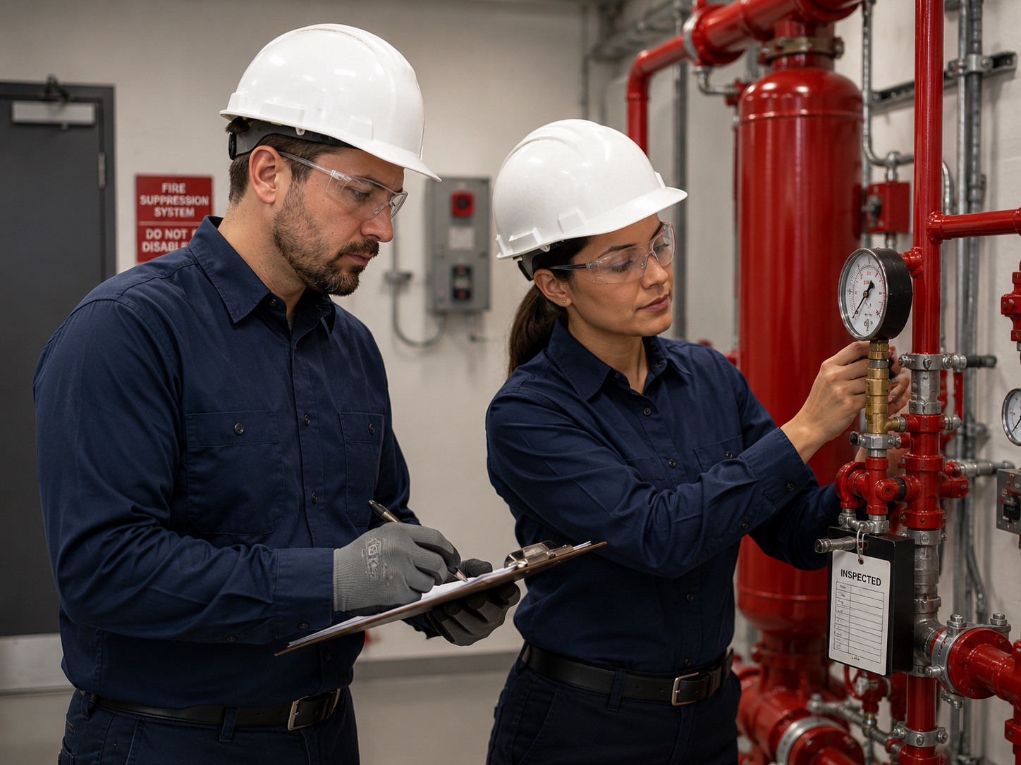 Two workers in hard hats inspecting and recording readings on a fire suppression system gauge.