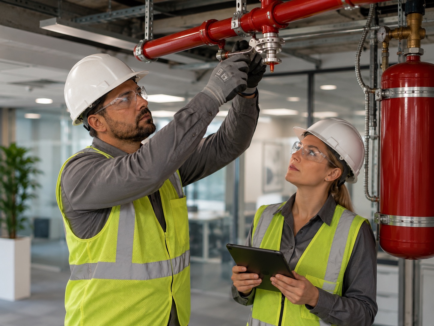 Two workers in safety gear inspecting a red fire suppression system pipe in a modern office.
