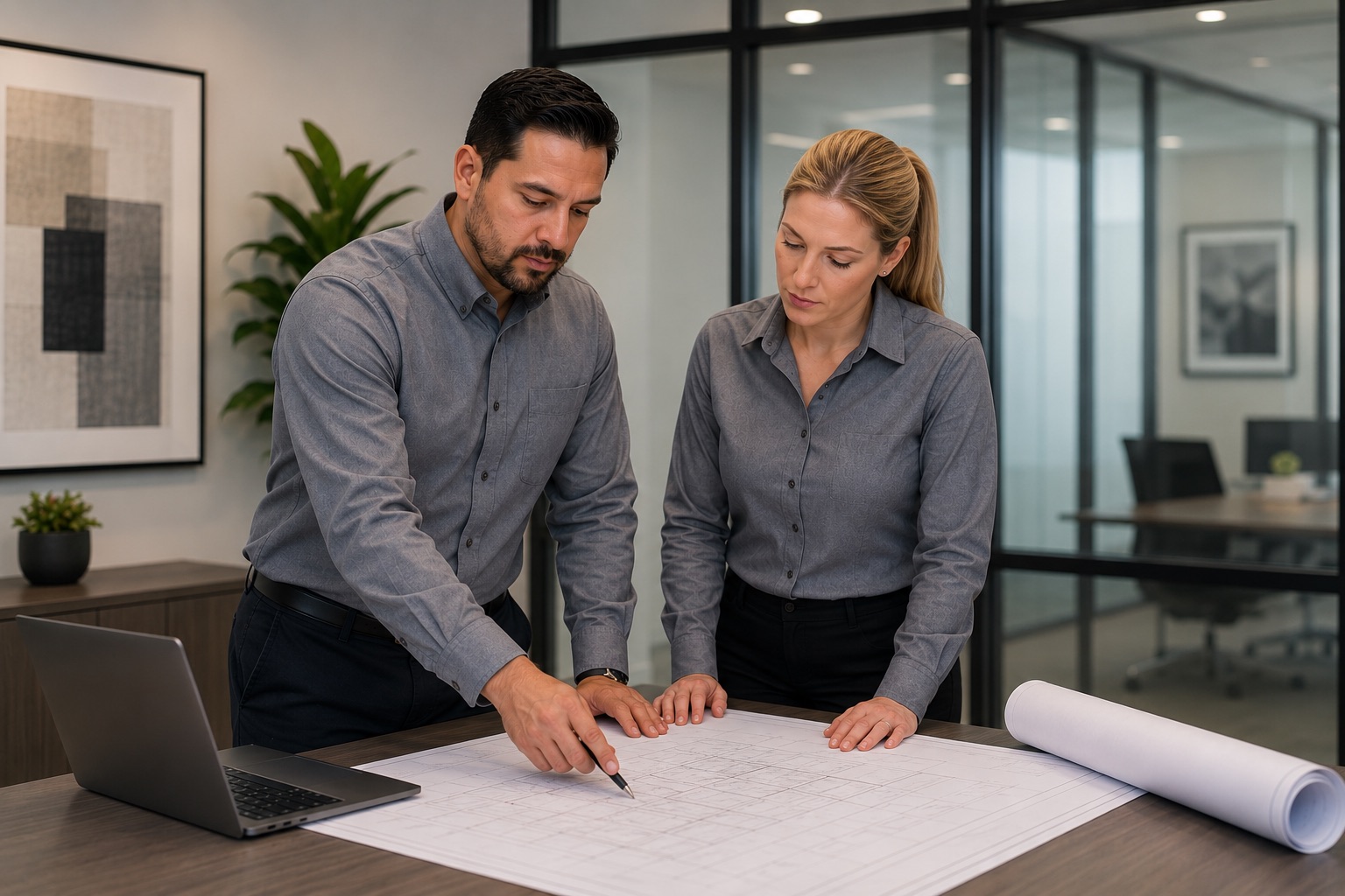 Man and woman in gray shirts reviewing architectural blueprints on a table in an office.