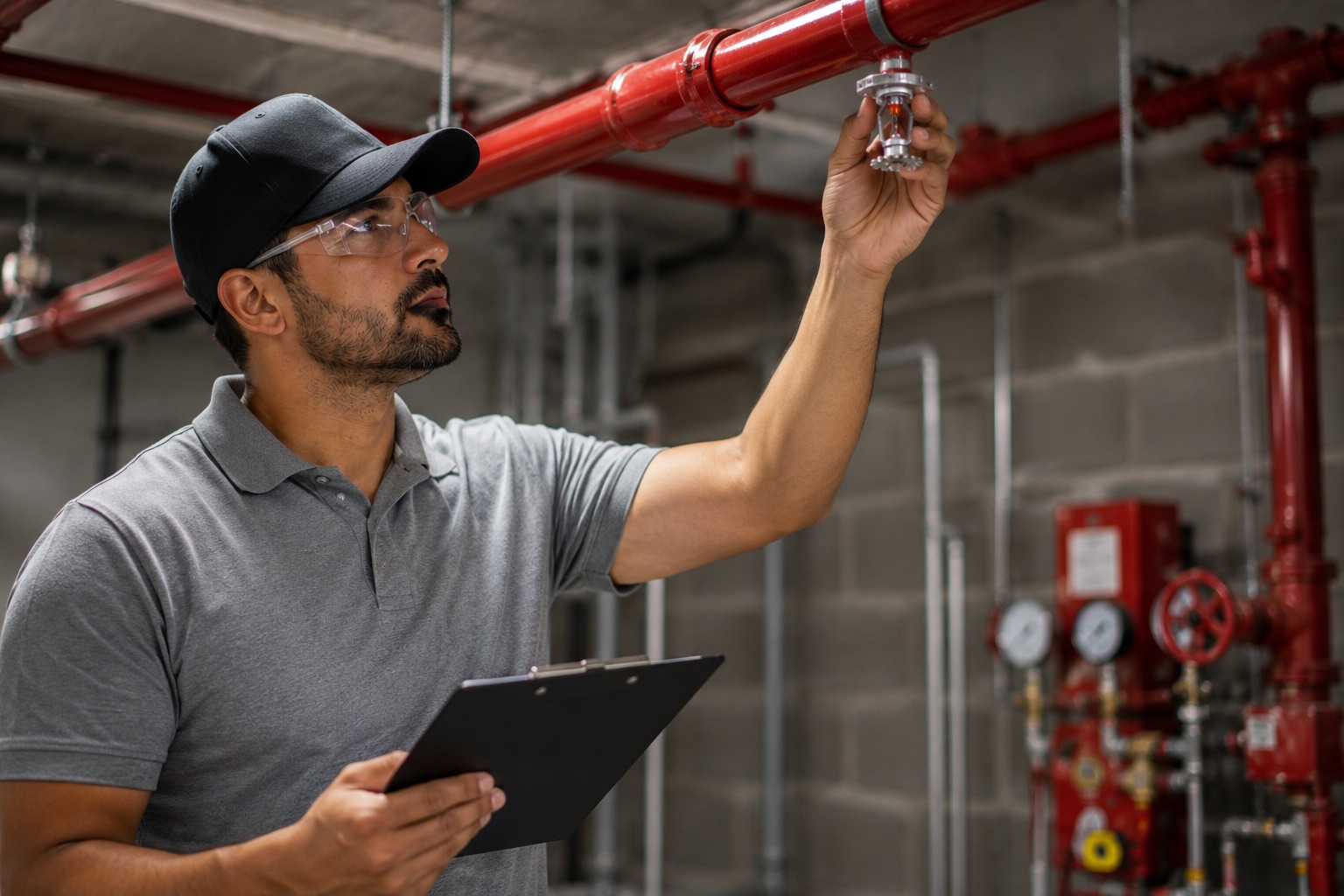 Man wearing cap and glasses inspecting red fire sprinkler system with clipboard in a utility room.