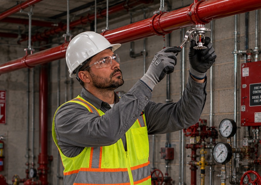 Worker in safety vest and helmet adjusting a fire sprinkler system valve with a wrench in an industrial setting.